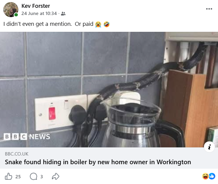 Screenshot of Kev Forster's Facebook post sharing BBC News coverage with the caption I didn't even get a mention. Or paid